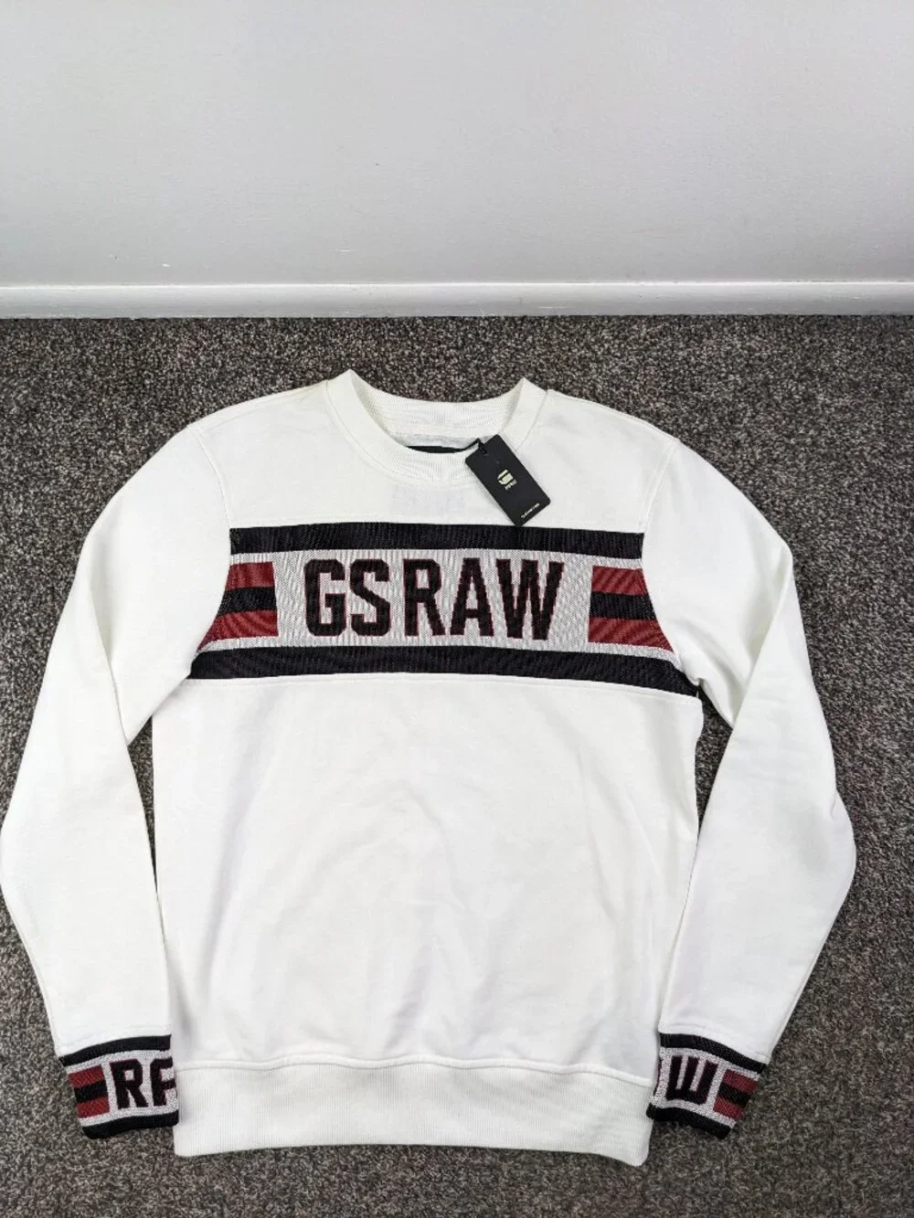 NWT G-Star Raw Sweater Jacquard GSRAW Spellout Off White Mens Small *Flaw - Picture 2 of 11